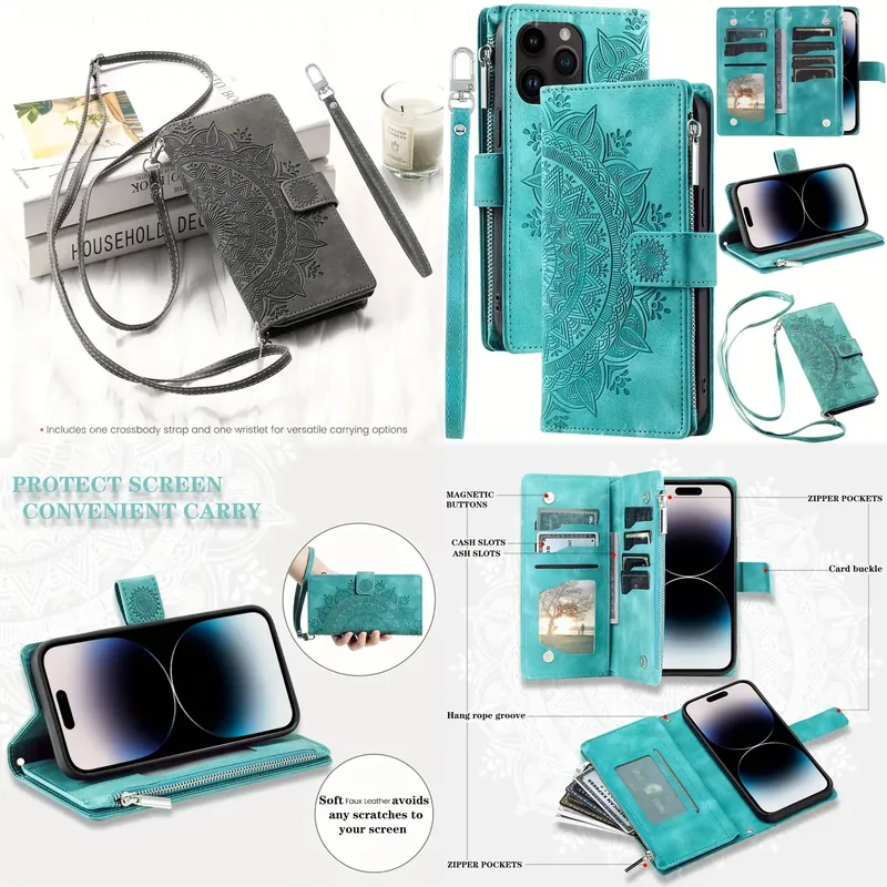 Leather Folio Wallet Case - เคสโทรศัพท์แบบกระเป๋าสตางค์พร้อมซิป ที่ใส่บัตรและสายสะพายไหล่ ป้องกันแรงกระแทก ฝาพับป้องกันสำหรับ iPhone 17