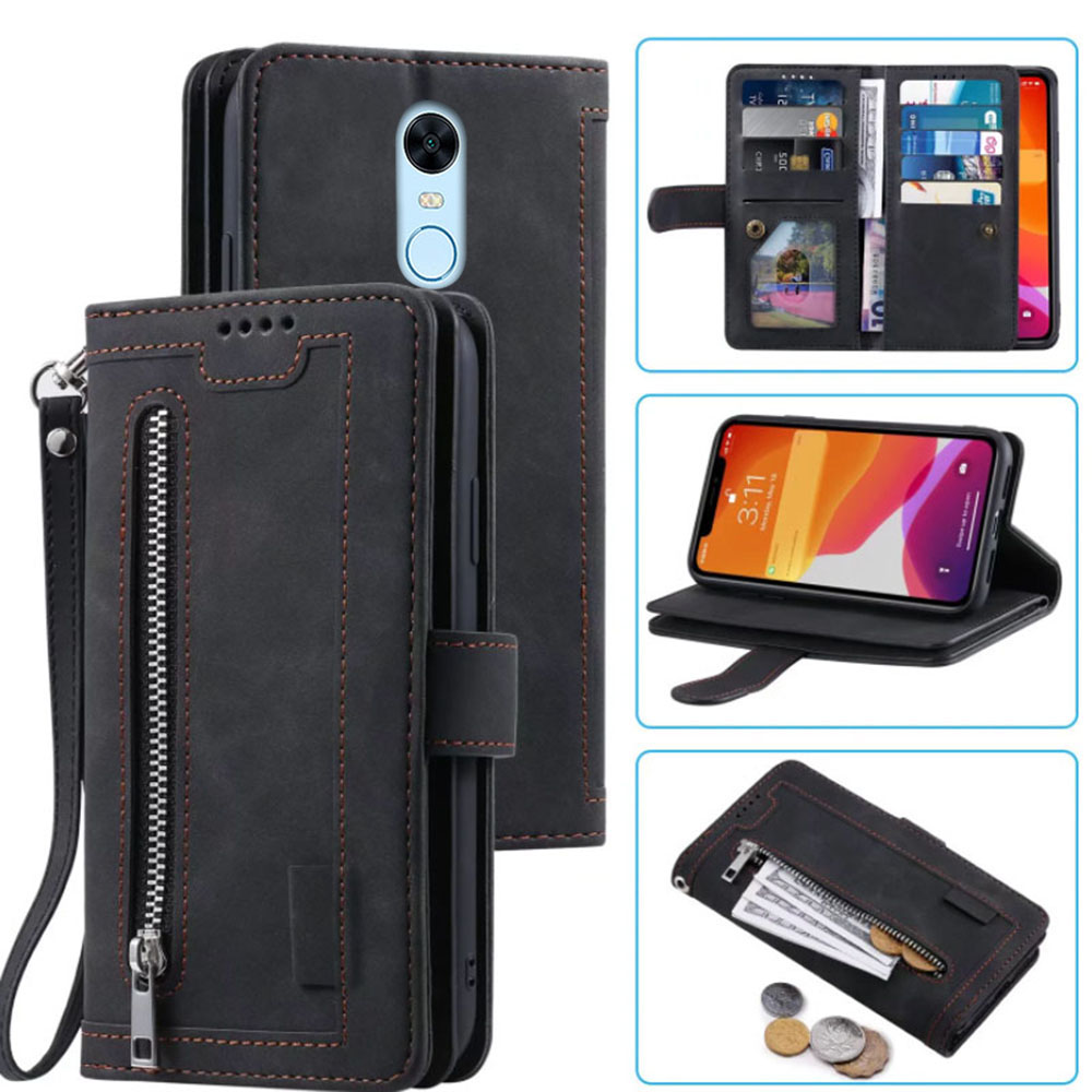 Leather Folio Wallet Case - 9ใบกระเป๋าสตางค์กรณีสำหรับ Redmi 5 Plus กรณีซิปพลิก Folio