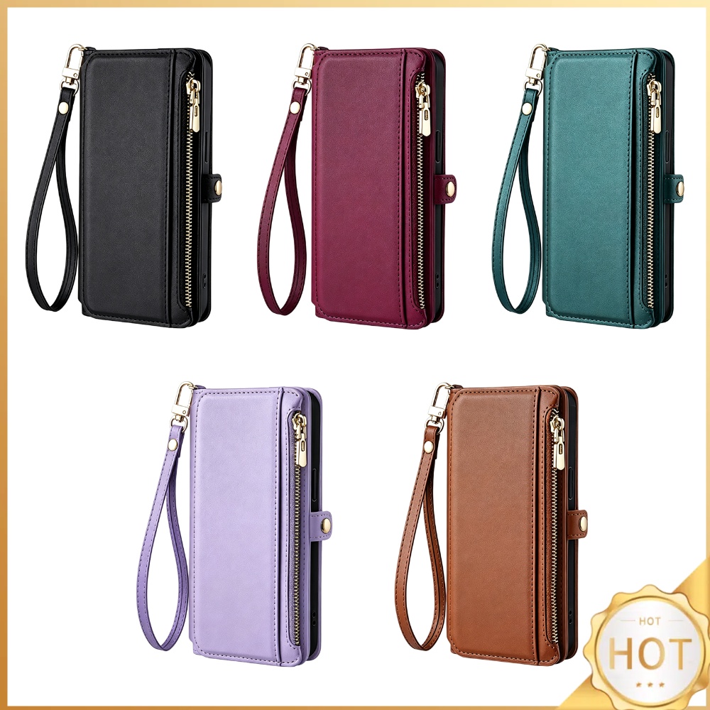 Leather Folio Wallet Case - เคสกระเป๋าสตางค์สำหรับ iPhone 17 Pro Max พร้อมช่องซิปและสายคล้องข้อมือ